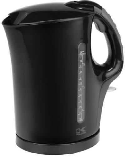 Kalorik JK 39825 BK 1.75 QT Black Water Kettle; Automatic stop when water boils; Strix controller; Water gauge indicator, control light; Rubberized handle pad; Locking lid with opening button; Immersed stainless steel heating element; Dimensions: 8.5 x 5.25 x 8.33; 1500W; UPC 848052002067 (JK39825BK JK 39825 BK)